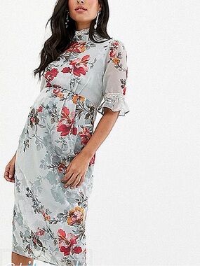 Floral High-Neck Midi Dress in Light Blue with Pink Blooms HOPE &IVY MATERNITY